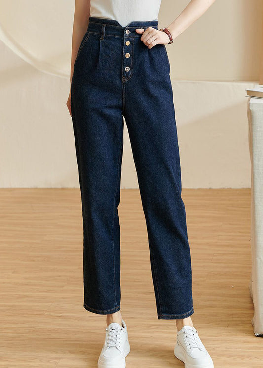 Brief Blue High Waist Pockets Crop Denim Pants Fall
