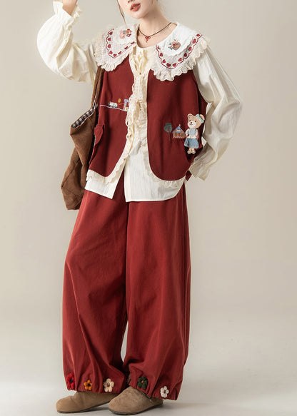Floral Red Peter Pan Collar Lace Patchwork Cotton Three Piece Set Fall