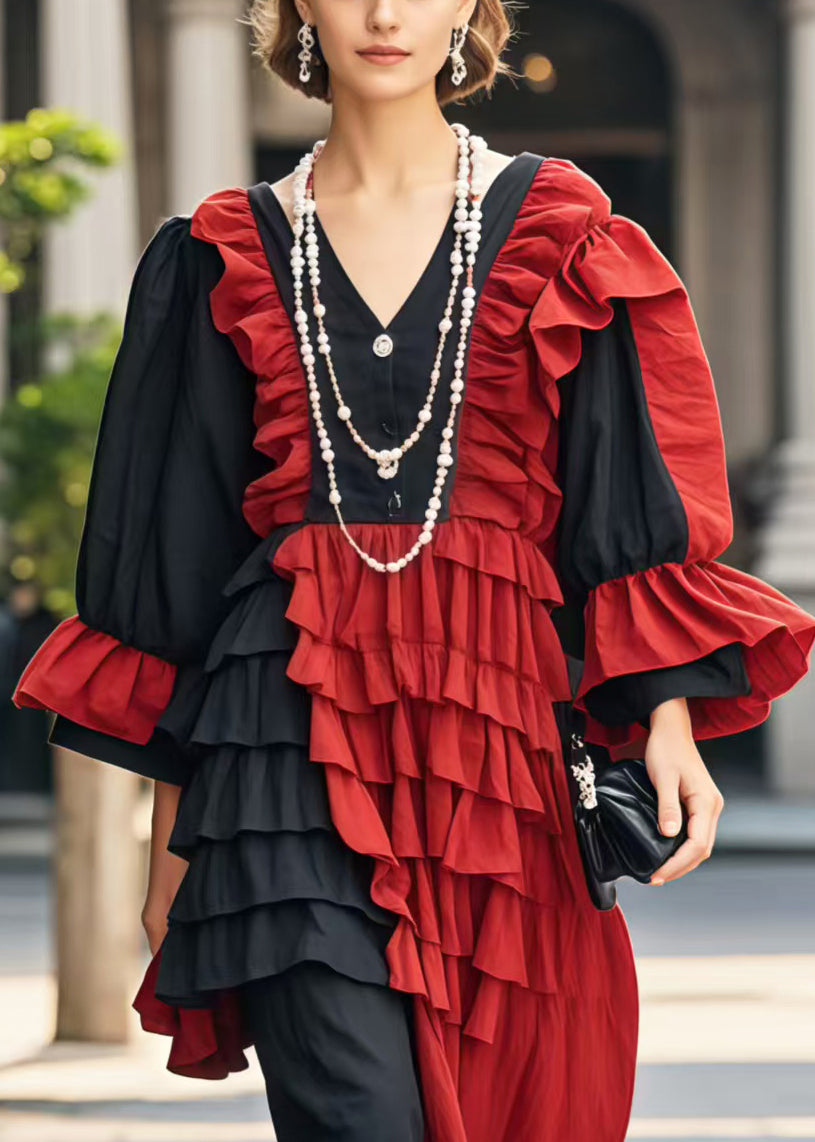 Plus Size Colorblock Asymmetrical Patchwork Ruffles Party Dress Flare Sleeve