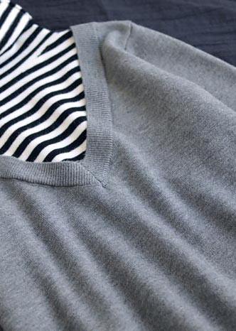 Pullover Light Gray Sweater Tops Patchwork High Neck Plus Size  Knit Sweat Tops