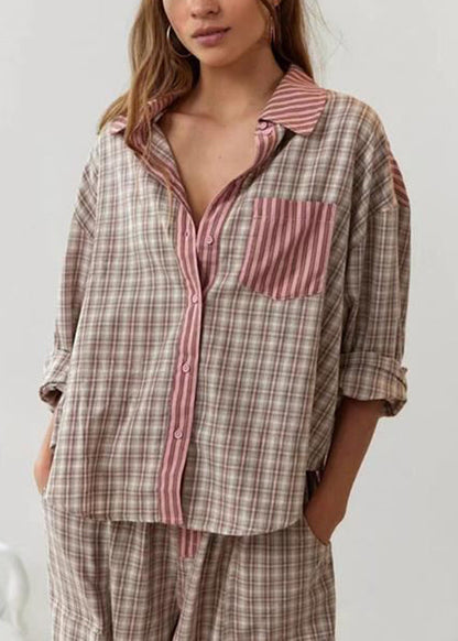Casual Coffee Plaid Patchwork Cotton Pajamas Two Piece Suit Set Spring
