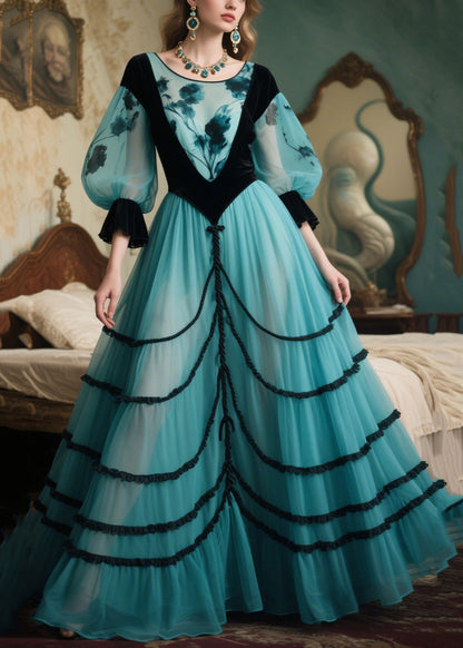 Elegant Lake Blue Puff Sleeve Patchwork Tulle Party Dresses