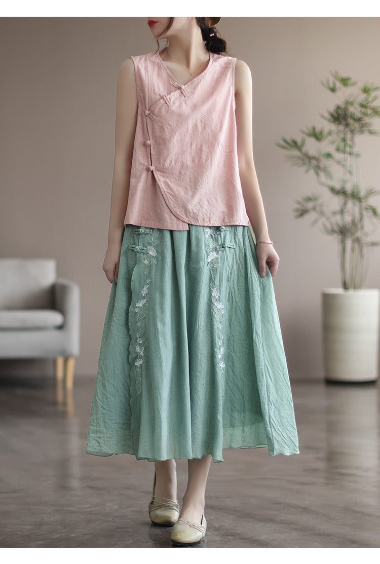 Vintage Double Cotton Linen Embroidered Buckle A-Line Skirt