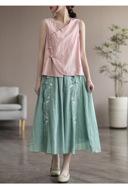 Vintage Double Cotton Linen Embroidered Buckle A-Line Skirt