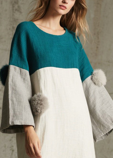 Vintage Colorblock Oversized Patchwork Fuzzy Ball Decorated Maxi Dress Fall