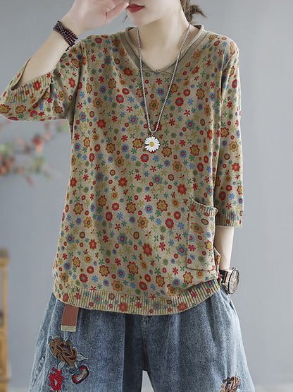 Plus Size - Floral  Knitted Casual Print Pocket Sweater