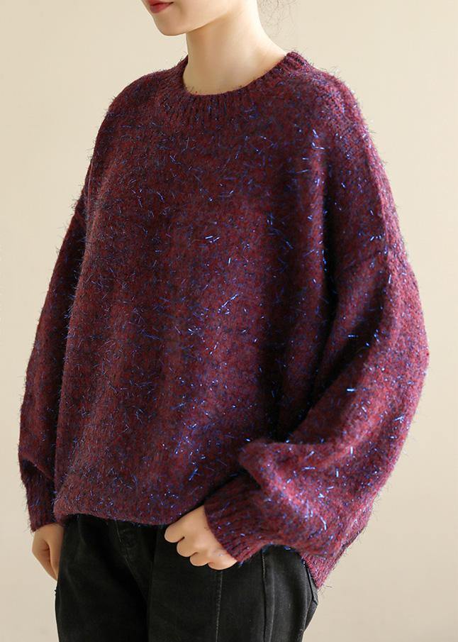 Oversized purple knit tops wild fall fashion o neck knitwear