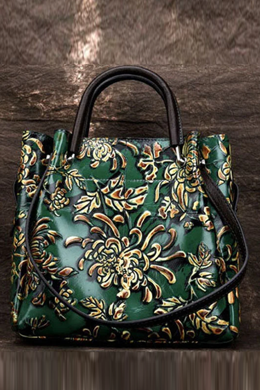 Natural Green Floral Paitings Calf Leather Satchel Handbag