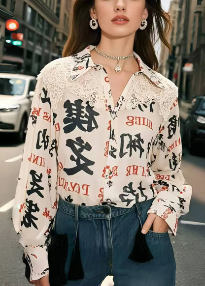Bohemian Apricot Print Patchwork Lace Shirt Top Spring