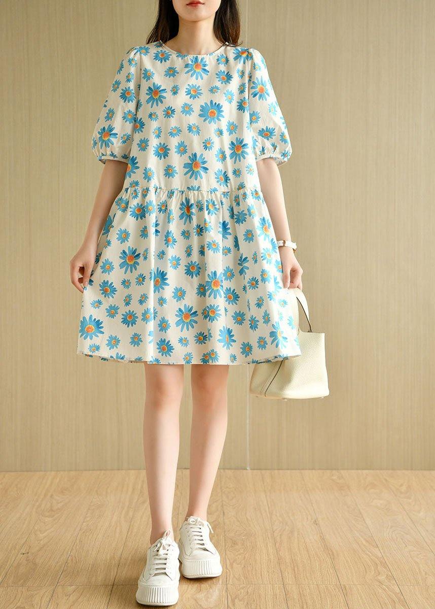 Casual Blue O-Neck Print Summer Cotton Half Sleeve Dresses