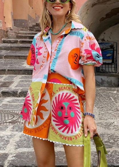 Fashion Rainbow Print Shirts And Shorts Two Piece Set Short Sleeve