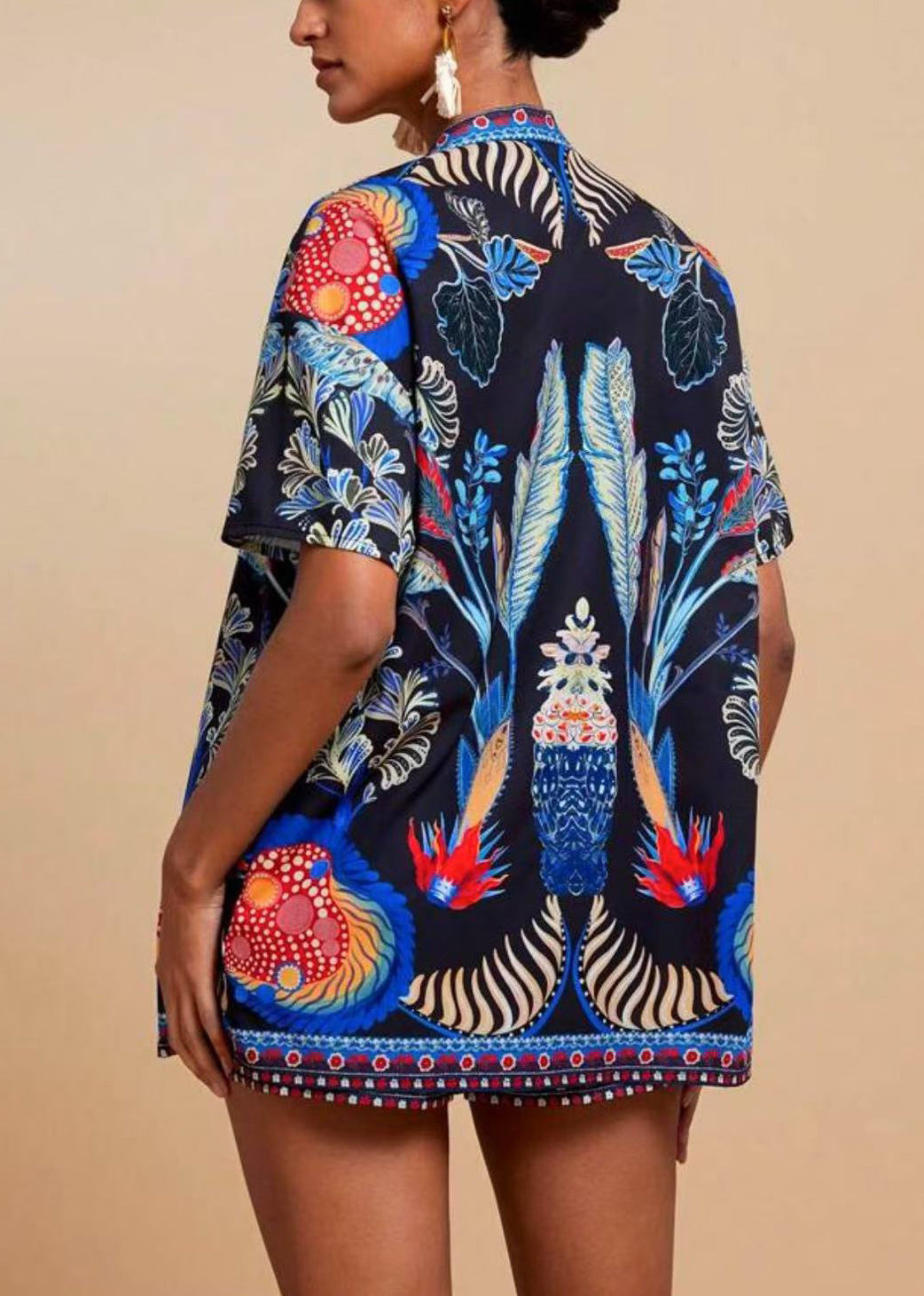 Modern Royal Blue V Neck Print Cardigans And Shorts Two Pieces Set Short Sleeve