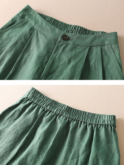 High Waist Solid Color Wide Leg Ninth Linen Pants