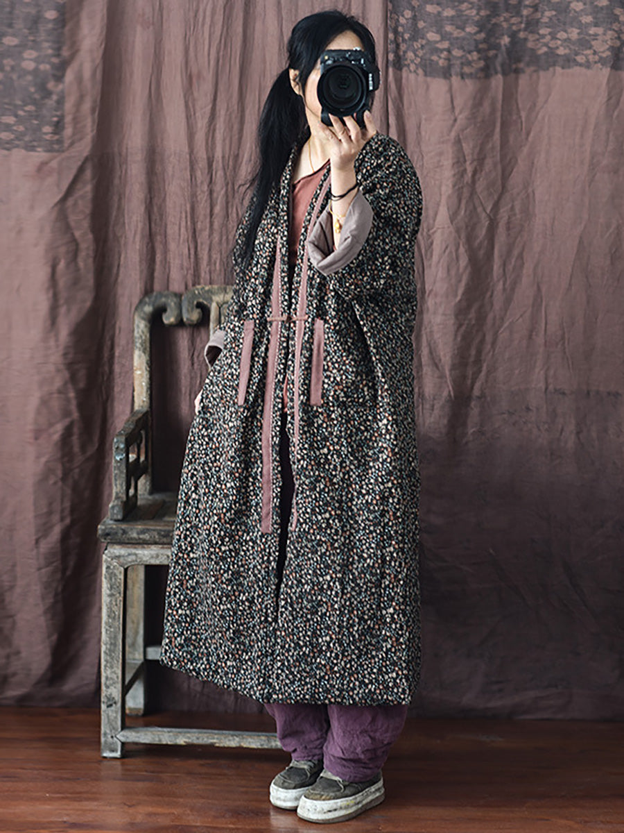 Women Vintage Winter Warm Floral Pocket Print Coat
