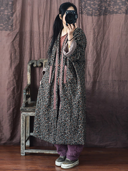 Women Vintage Winter Warm Floral Pocket Print Coat
