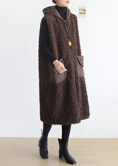 Coffee Colour Pockets Thick Woolen Hoodies Waistcoat Sleeveless