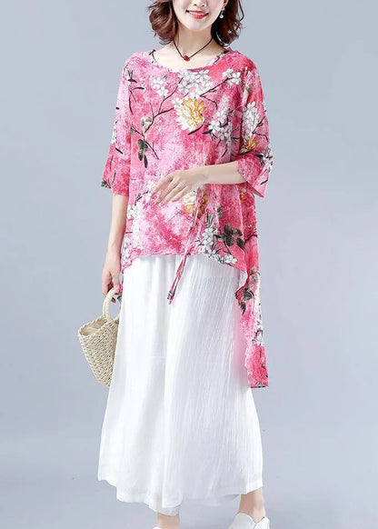 Classy pink Plant printing clothes For Women o neck asymmetric tops