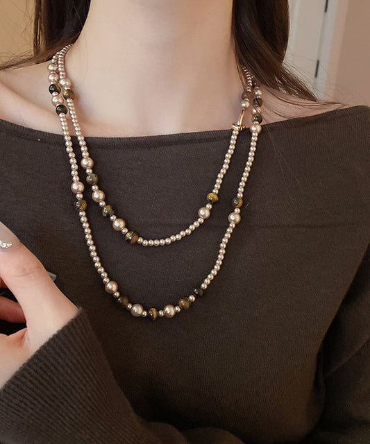 Boho Gold Alloy Pearl Glass Tiger Eye Stone Pendant Necklace