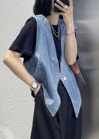 Vintage Navy Patchwork Button Denim Waistcoat Sleeveless