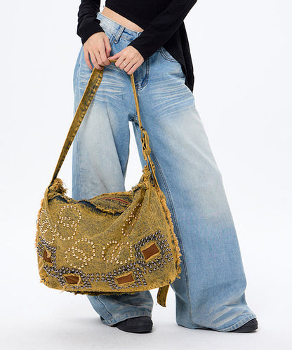 Boho Brown Rivet Large Capacity Applique Denim Messenger Bag