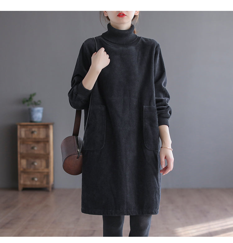 Corduroy Solid Color Plus Velvet Thick Loose Turtleneck Top