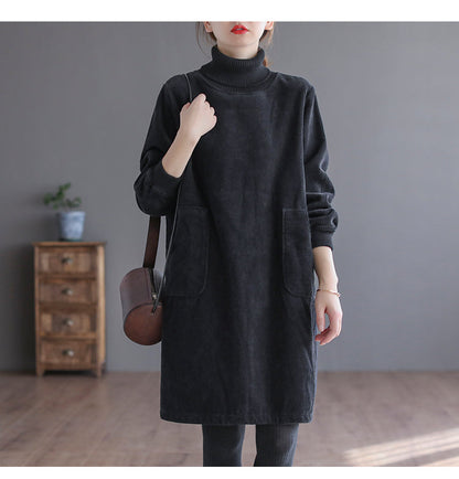 Corduroy Solid Color Plus Velvet Thick Loose Turtleneck Top