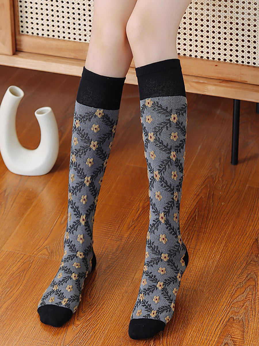 4 Pairs Cotton Vintage Floral Women Long Socks