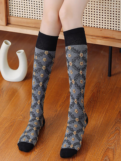 4 Pairs Cotton Vintage Floral Women Long Socks