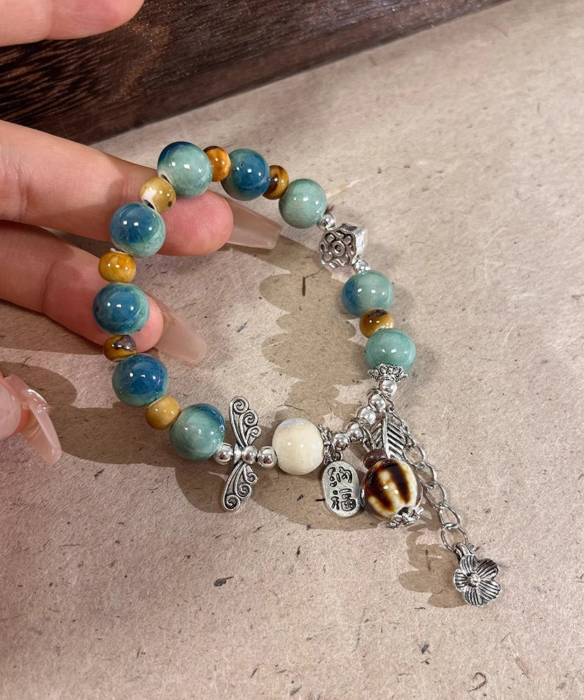 Vintage Silk Sterling Silver Jade Ceramics Beads Charm Bracelet