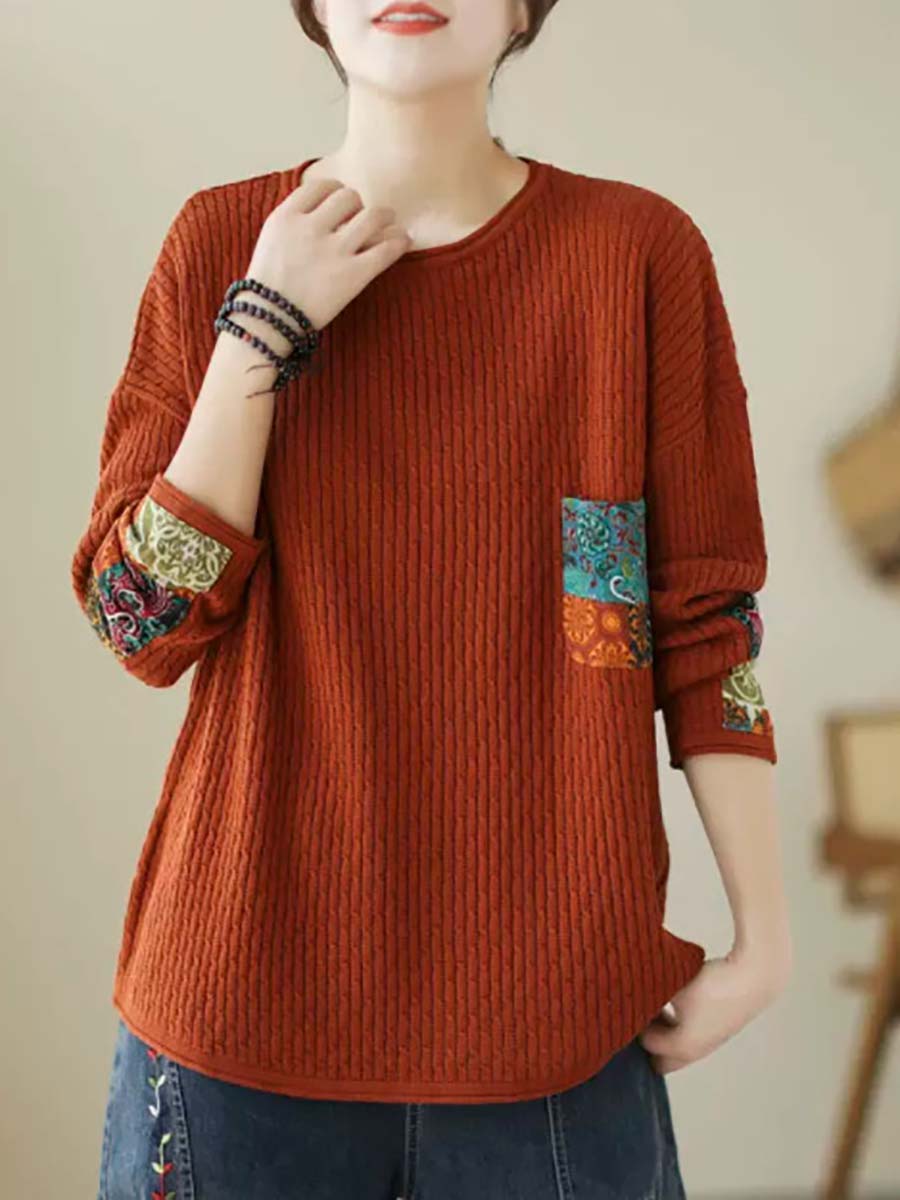 Women Autumn Artsy Knitted Patchwork Loose Sweater