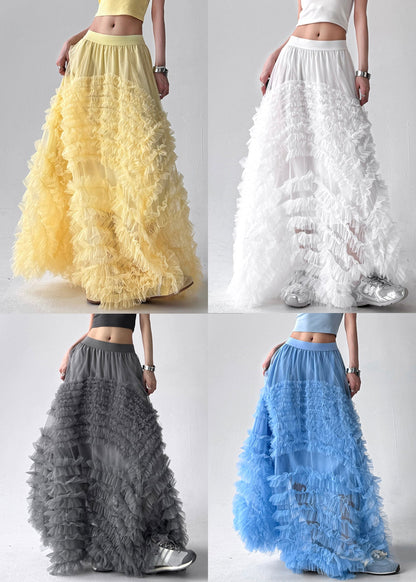 Blue Elastic Waist Solid Tulle Summer Exra Large Hem Skirt Ruffled