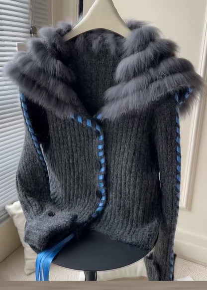 Women Dark Gray Fur Collar Button Cozy Knit Coat Fall