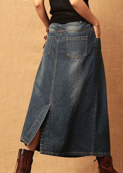 Dark Blue Patchwork Cotton Denim Skirt High Waist Side Open Cozy