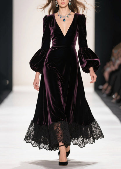 Dull Purple Patchwork Silk Velvet Maxi Dresses Deep-V Neck Lantern Sleeve
