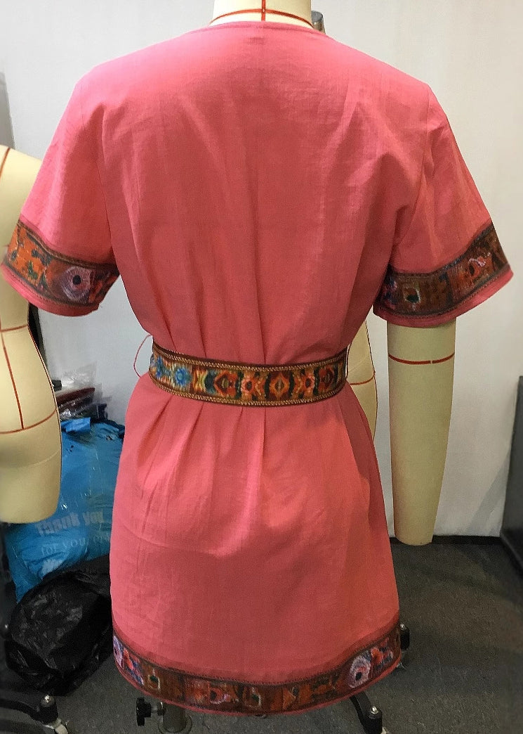Beautiful-Pink-V-Neck-Lace-Up-Patchwork-Cotton-Mid-Dresses-Summer