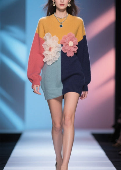 Italian Colorblock O Neck Floral Knit Mid Sweater Fall