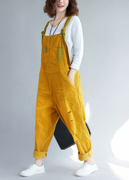 Bohemian Yellow pockets Corduroy ripped Jumpsuits