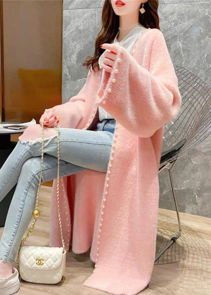 Fashion Pink V Neck Pearl Knit Cardigan Spring