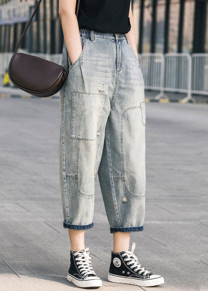 Chic Blue Oversized Patchwork Applique Denim Ripped Pants Summer