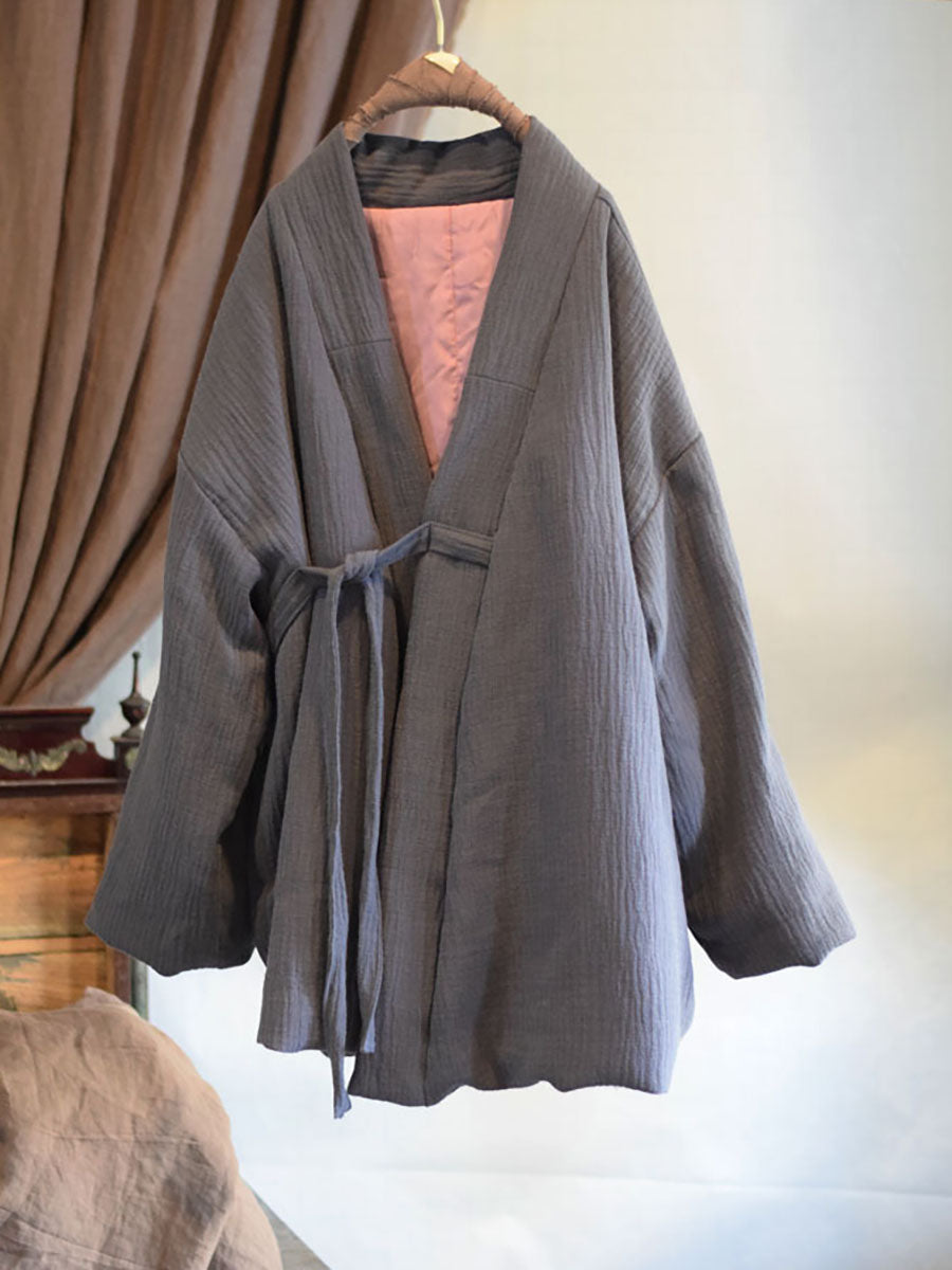 Women Winter Chinese Style Drawstring Linen Cotton Coat