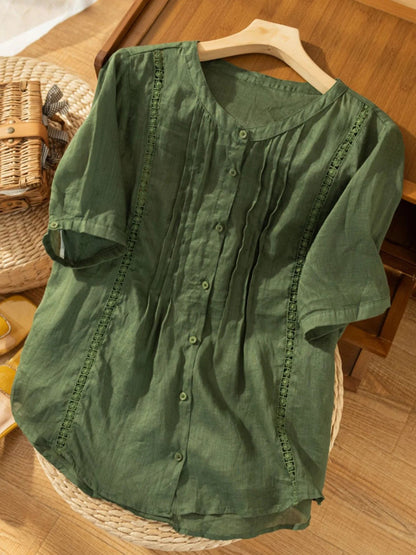 Pure Color Round Neck Short Sleeve Casual Linen Top