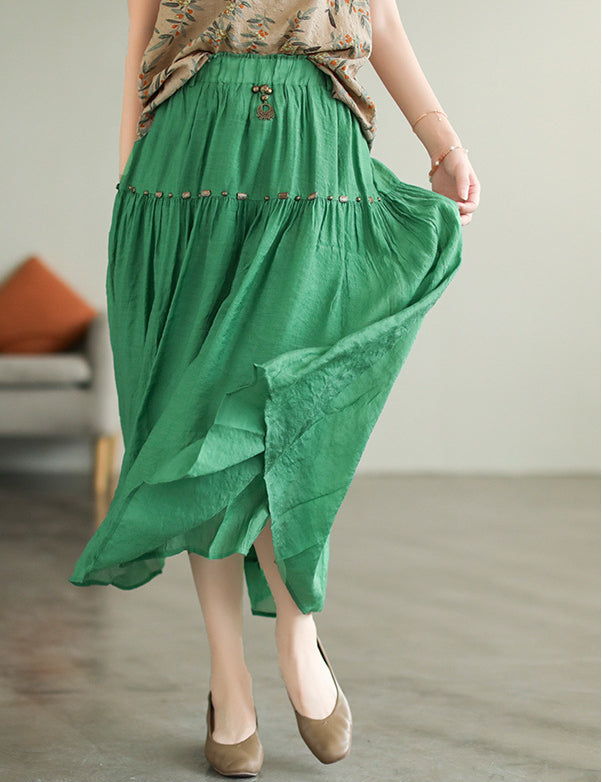 Literary High Waist Double Layer Tencel Linen Stitching Slim Skirt
