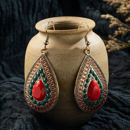 Bohemian Drop-Shaped Earrings With Rubies