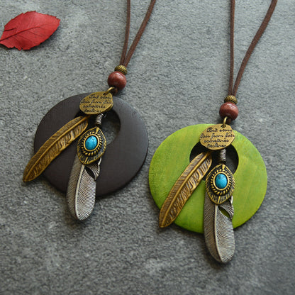 Vintage Feather Leaf Pendant Long Necklace