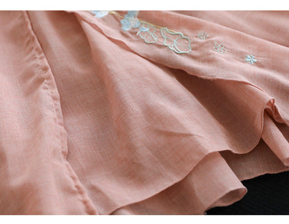 Vintage Double Cotton Linen Embroidered Buckle A-Line Skirt
