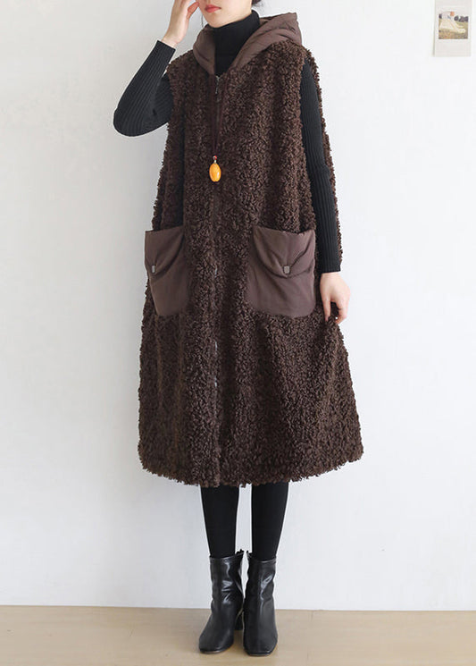 Coffee Colour Pockets Thick Woolen Hoodies Waistcoat Sleeveless