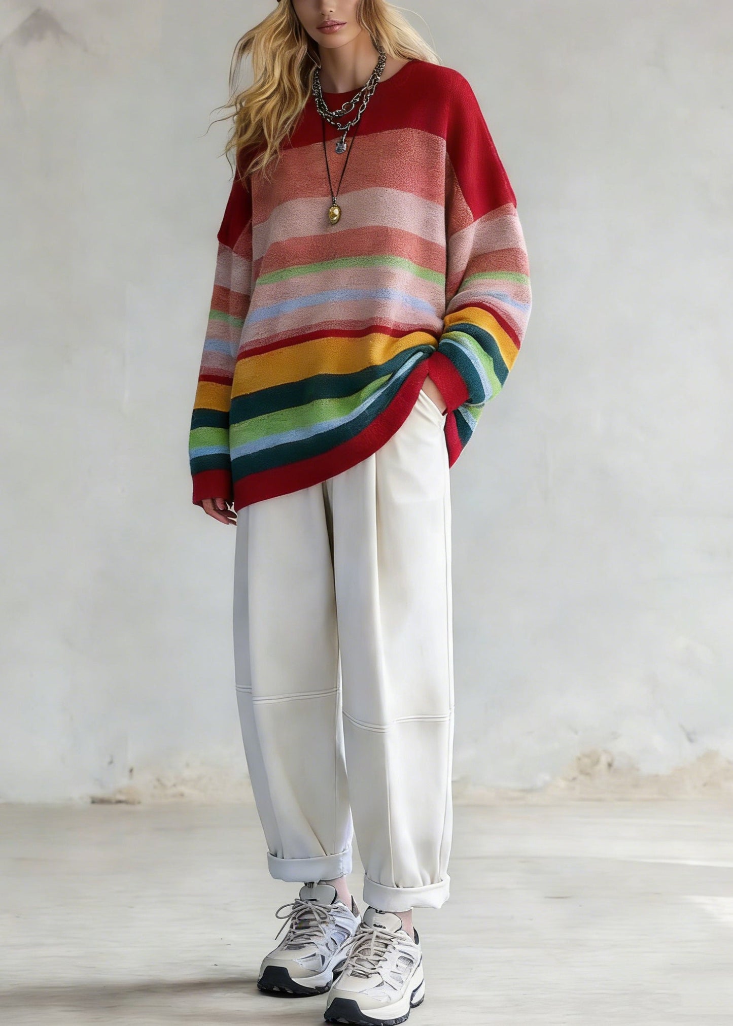 Plus Size Rainbow Striped O-Neck Knit Sweaters And White Pants Two Pieces Set Spring