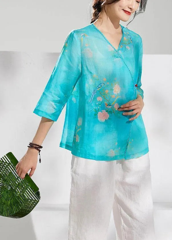 Simple green print linen clothes v neck summer blouses