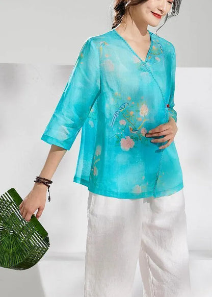 Simple green print linen clothes v neck summer blouses