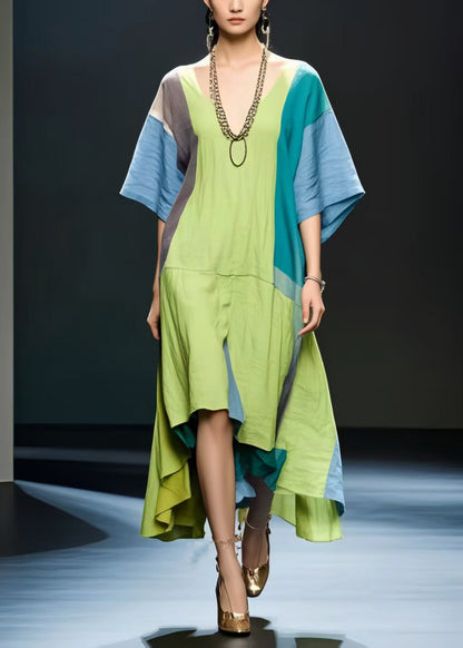 Chic Grass Green Oversized Patchwork Cotton Maxi Dress Summer